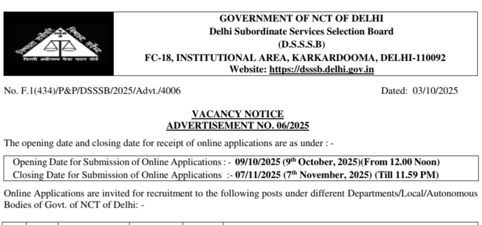 DSSSB RECRUITMENT NOTIFICATION 2025