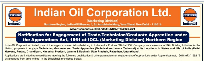 आइओसीएल IOCL अप्रेंटिसशिप 2025