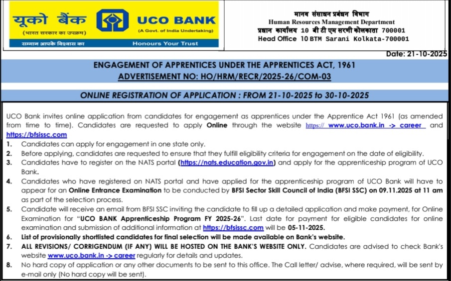 UCO BANK APPRENTICE RECRUITMENT 2025
